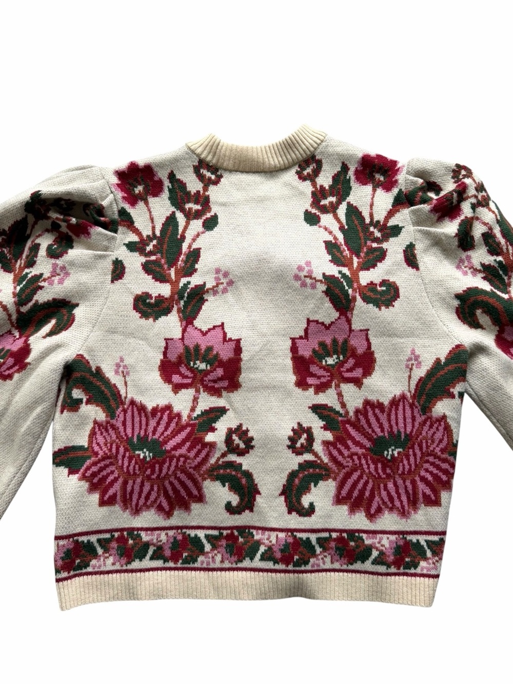 FARM Rio Ravenala Floral Intarsia Knitted Cardigan Medium Cream Puff Sleeve - Picture 5 of 11